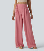 High Waisted Tie Side Wide Leg Casual Linen-Feel Trousers with Pockets — Mauveglow — view 8