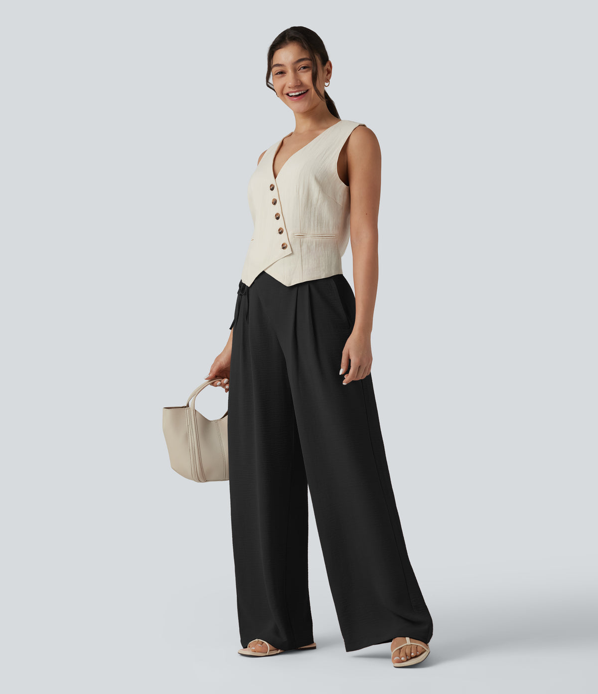 High Waisted Tie Side Wide Leg Casual Linen-Feel Trousers with Pockets — Black — view 6