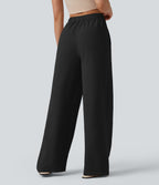 High Waisted Tie Side Wide Leg Casual Linen-Feel Trousers with Pockets — Black — view 2