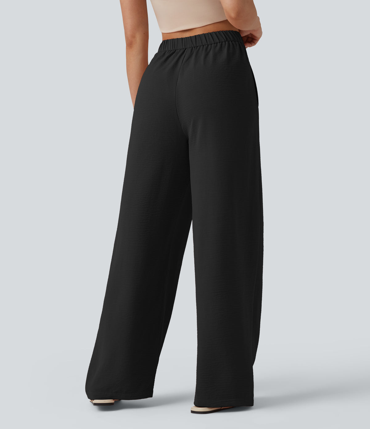 High Waisted Tie Side Wide Leg Casual Linen-Feel Trousers with Pockets — Black — view 2