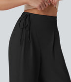 High Waisted Tie Side Wide Leg Casual Linen-Feel Trousers with Pockets — Black — view 5