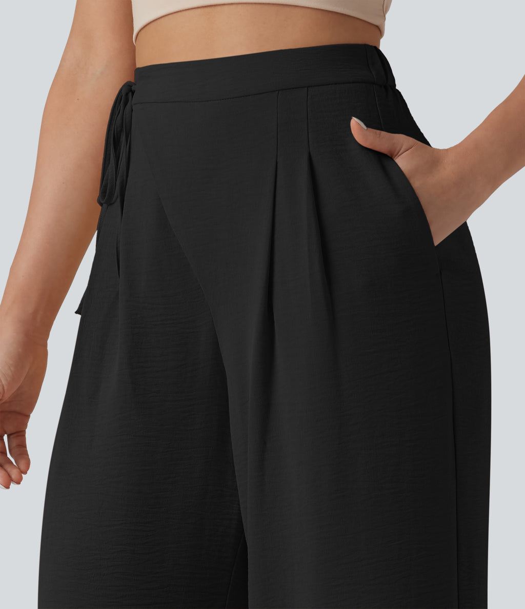 High Waisted Tie Side Wide Leg Casual Linen-Feel Trousers with Pockets — Black — view 4