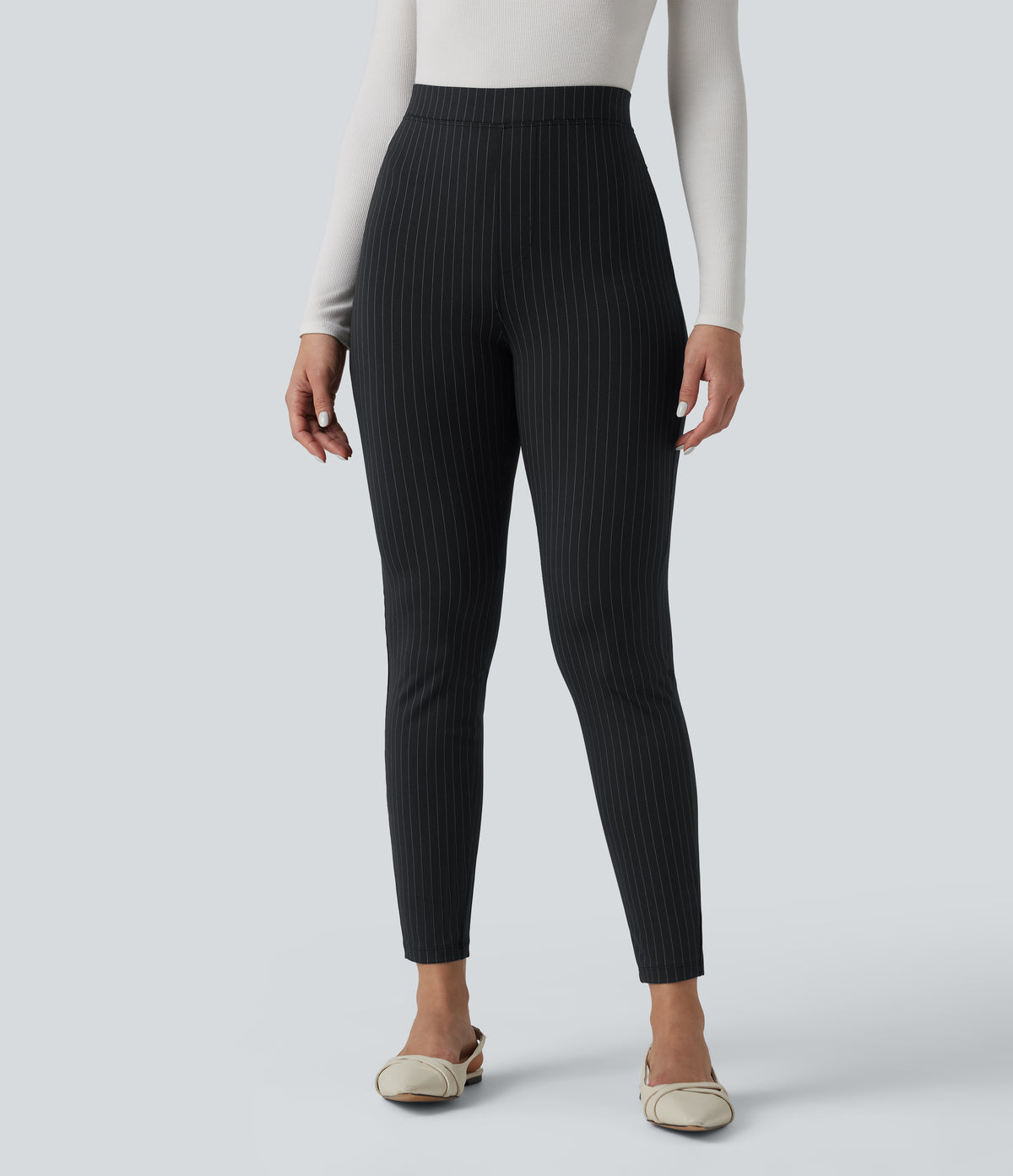 High Waisted Stripe Skinny Work Trousers with Pockets — Gunmetal Pinstripe — view 1