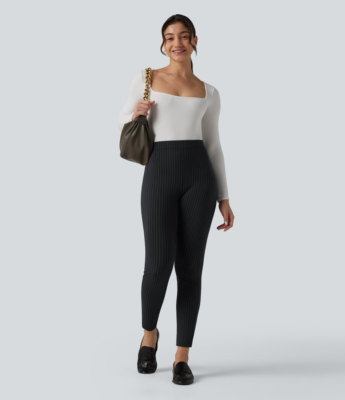 High Waisted Stripe Skinny Work Trousers with Pockets — Gunmetal Pinstripe — view 6