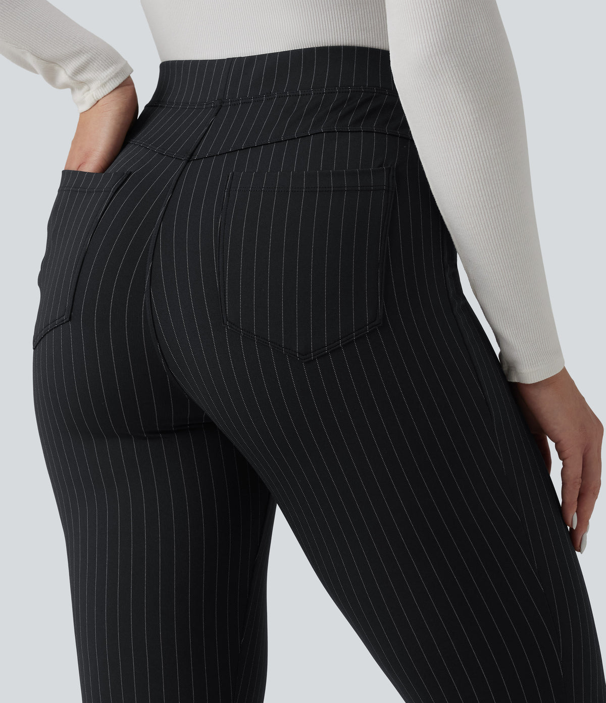 High Waisted Stripe Skinny Work Trousers with Pockets — Gunmetal Pinstripe — view 4