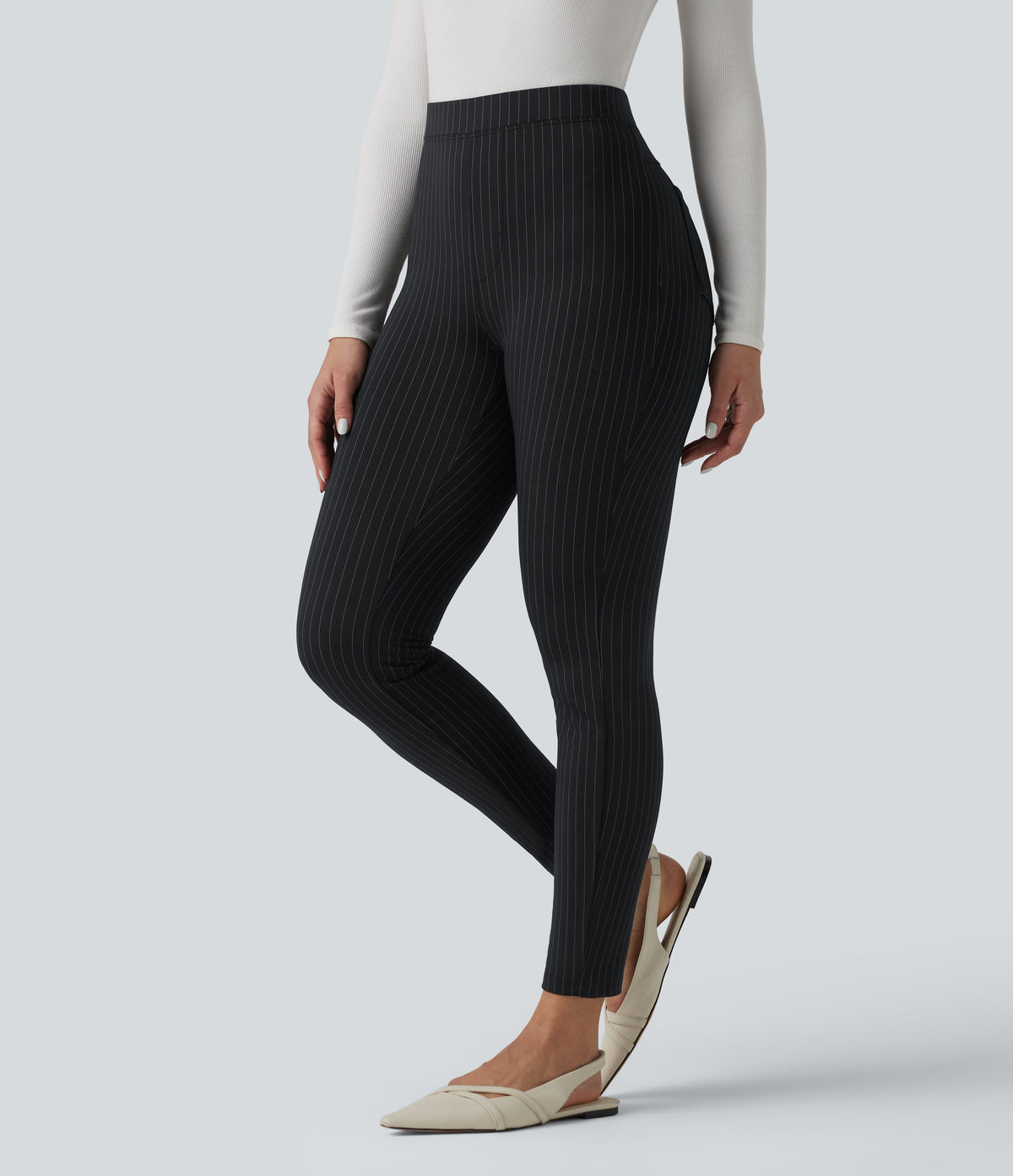 High Waisted Stripe Skinny Work Trousers with Pockets — Gunmetal Pinstripe — view 3