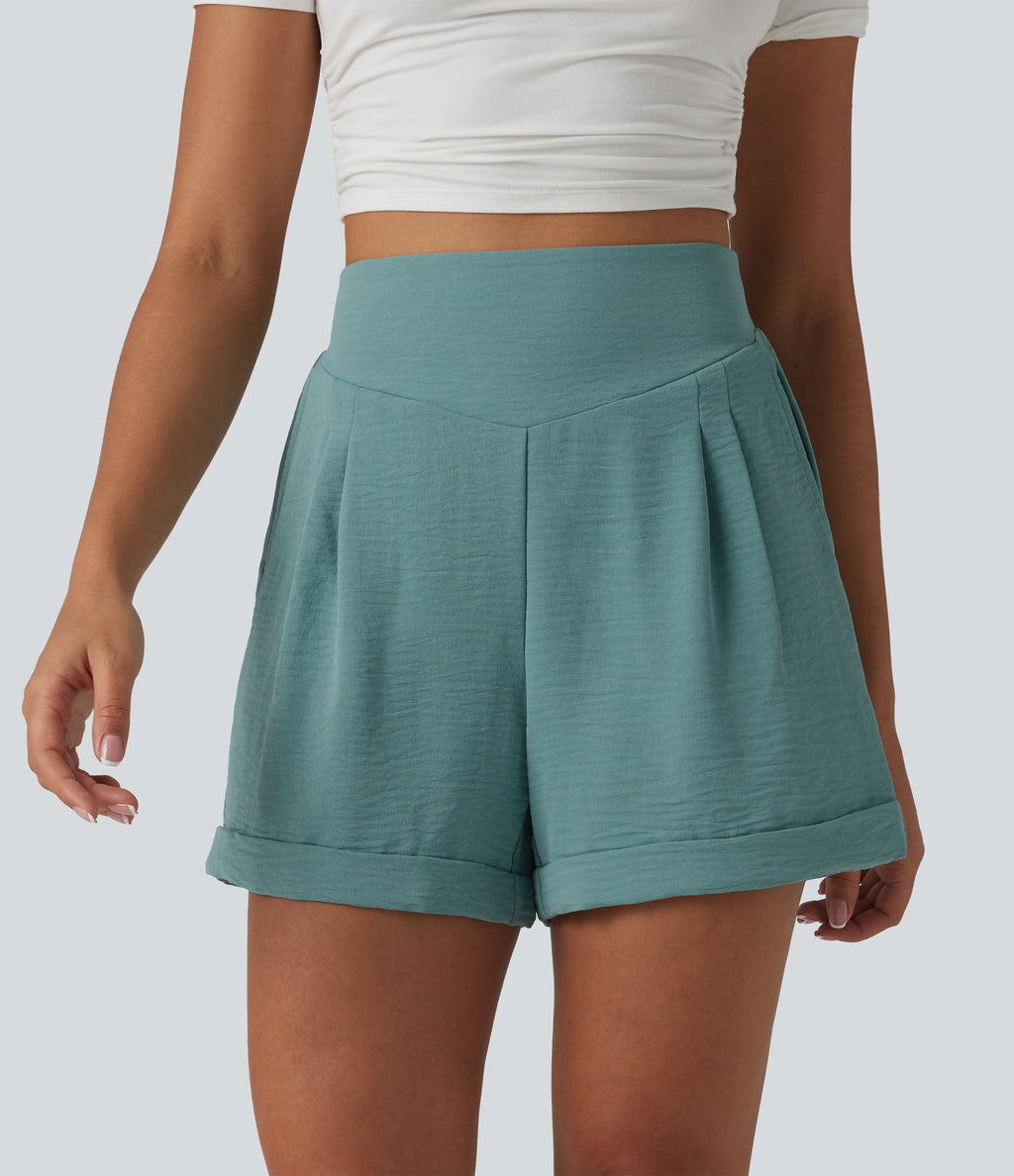 High Waisted Casual Linen-Feel Shorts 4'' with Pockets — Mineral Blue — view 1