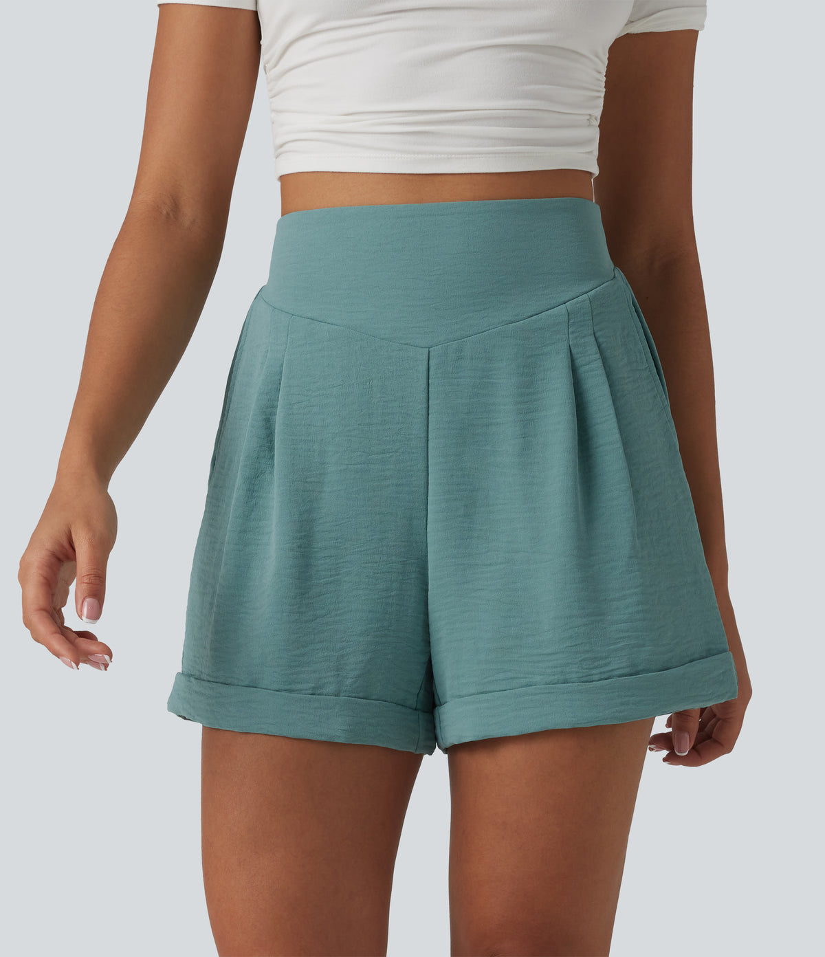 High Waisted Casual Linen-Feel Shorts 4'' with Pockets — Mineral Blue — view 1