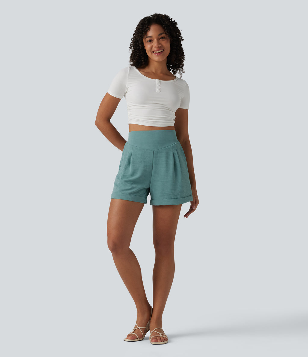 High Waisted Casual Linen-Feel Shorts 4'' with Pockets — Mineral Blue — view 6