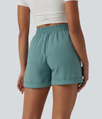 High Waisted Casual Linen-Feel Shorts 4'' with Pockets — Mineral Blue — view 2