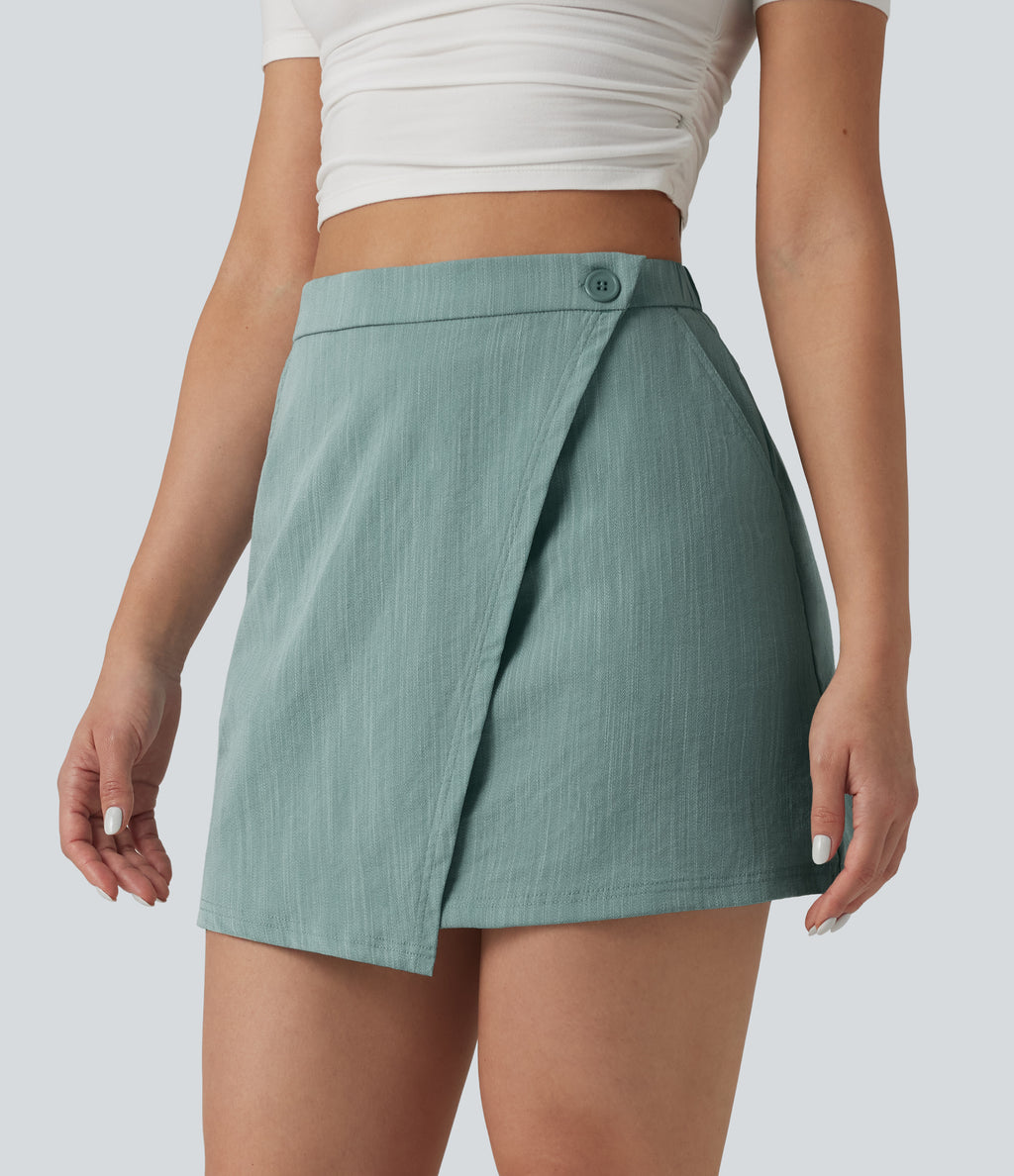 High Waisted 2-in-1 Mini Casual Linen-Feel Skirt with Pockets — Silverwood Sage — view 4