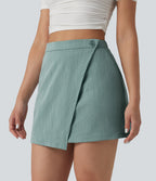 High Waisted 2-in-1 Mini Casual Linen-Feel Skirt with Pockets — Silverwood Sage — view 4