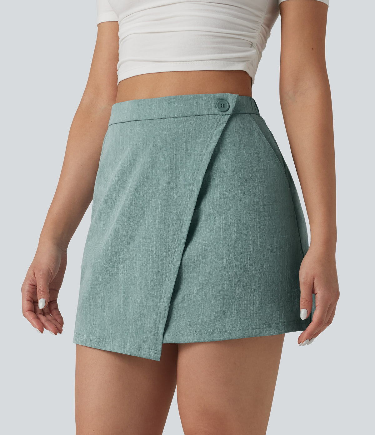 High Waisted 2-in-1 Mini Casual Linen-Feel Skirt with Pockets — Silverwood Sage — view 4