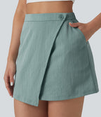 High Waisted 2-in-1 Mini Casual Linen-Feel Skirt with Pockets — Silverwood Sage — view 5