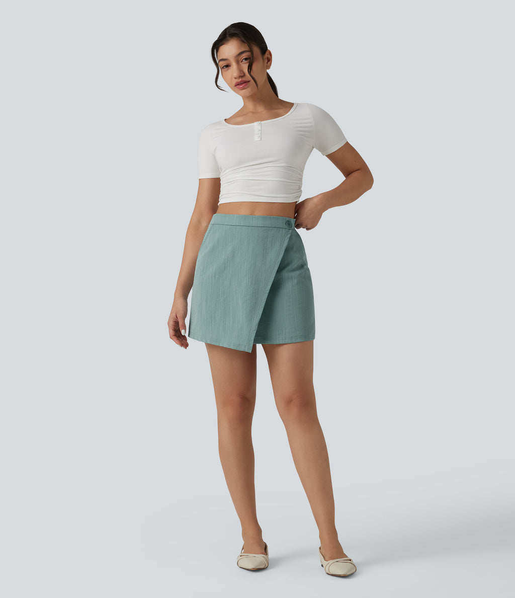 High Waisted 2-in-1 Mini Casual Linen-Feel Skirt with Pockets — Silverwood Sage — view 7
