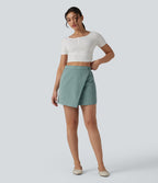 High Waisted 2-in-1 Mini Casual Linen-Feel Skirt with Pockets — Silverwood Sage — view 7