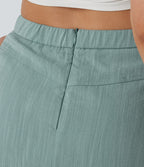 High Waisted 2-in-1 Mini Casual Linen-Feel Skirt with Pockets — Silverwood Sage — view 6