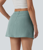 High Waisted 2-in-1 Mini Casual Linen-Feel Skirt with Pockets — Silverwood Sage — view 2