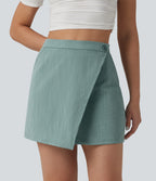 High Waisted 2-in-1 Mini Casual Linen-Feel Skirt with Pockets — Silverwood Sage — view 3