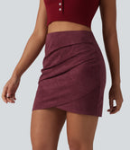 High Waisted Ruched Crossover Hem Bodycon Mini Suede Casual Skirt-Longer Length — Chocolate Truffle — view 4