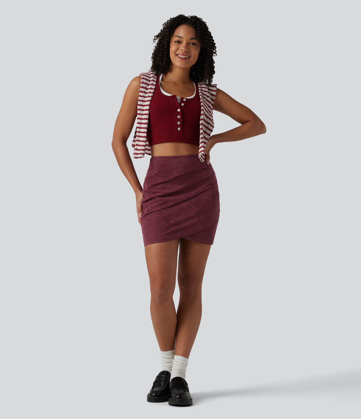 High Waisted Ruched Crossover Hem Bodycon Mini Suede Casual Skirt-Longer Length — Chocolate Truffle — view 6