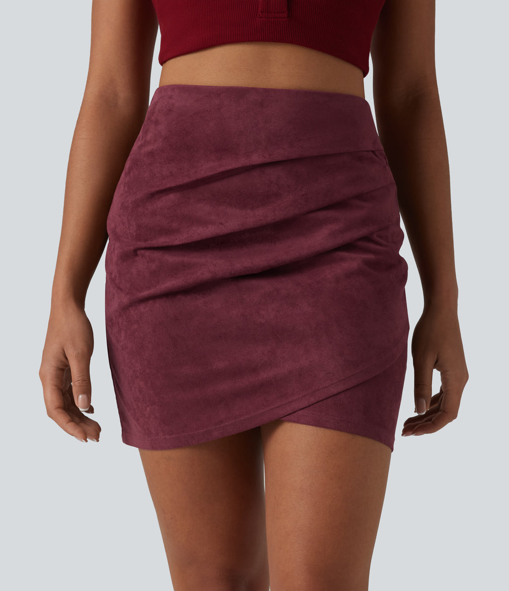 High Waisted Ruched Crossover Hem Bodycon Mini Suede Casual Skirt-Longer Length — Chocolate Truffle — view 5
