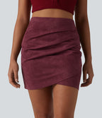 High Waisted Ruched Crossover Hem Bodycon Mini Suede Casual Skirt-Longer Length — Chocolate Truffle — view 5