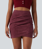 High Waisted Ruched Crossover Hem Bodycon Mini Suede Casual Skirt-Longer Length — Chocolate Truffle — view 1