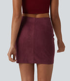 High Waisted Ruched Crossover Hem Bodycon Mini Suede Casual Skirt-Longer Length — Chocolate Truffle — view 3