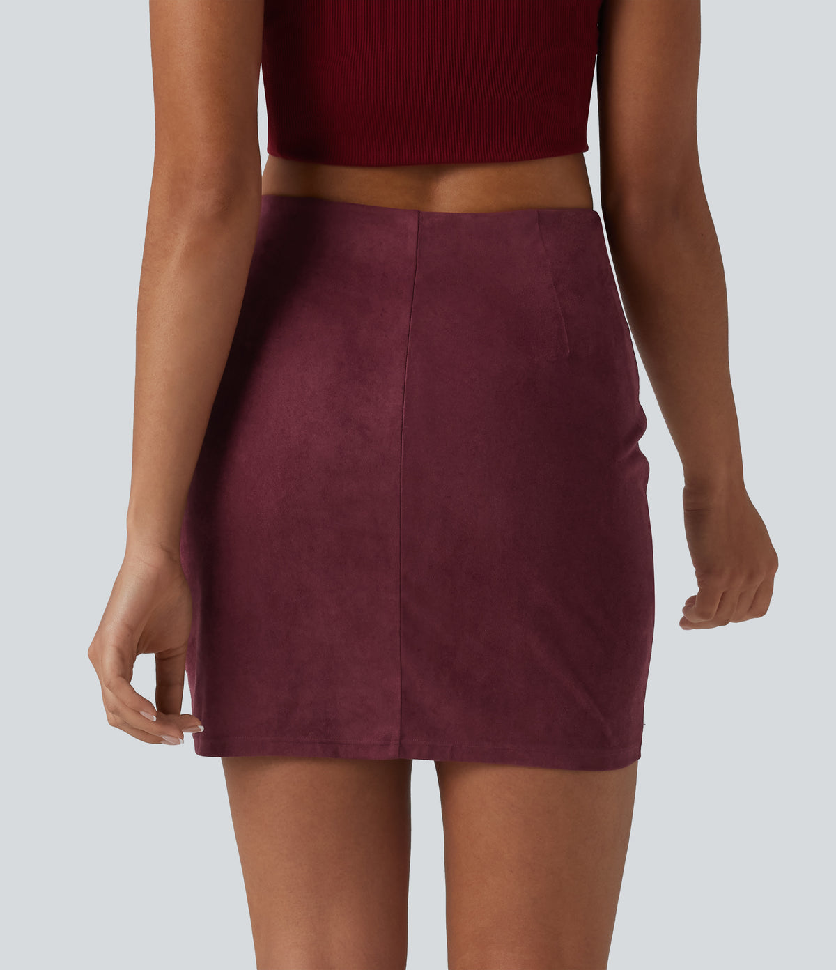 High Waisted Ruched Crossover Hem Bodycon Mini Suede Casual Skirt-Longer Length — Chocolate Truffle — view 3