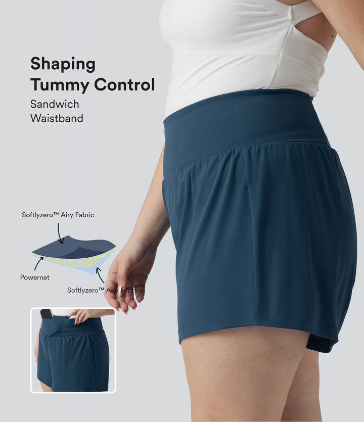 Plus Size Airy High Waisted Tummy Control 2-in-1 InstantCool Yoga Shorts 5'' with Pockets — Majolica Blue — view 1