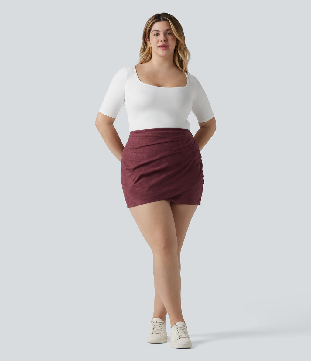 Plus Size High Waisted Ruched Crossover Hem Bodycon Mini Suede Casual Skirt — Chocolate Truffle — view 5