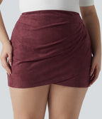 Plus Size High Waisted Ruched Crossover Hem Bodycon Mini Suede Casual Skirt — Chocolate Truffle — view 4