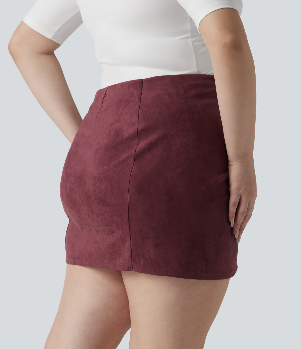 Plus Size High Waisted Ruched Crossover Hem Bodycon Mini Suede Casual Skirt — Chocolate Truffle — view 2