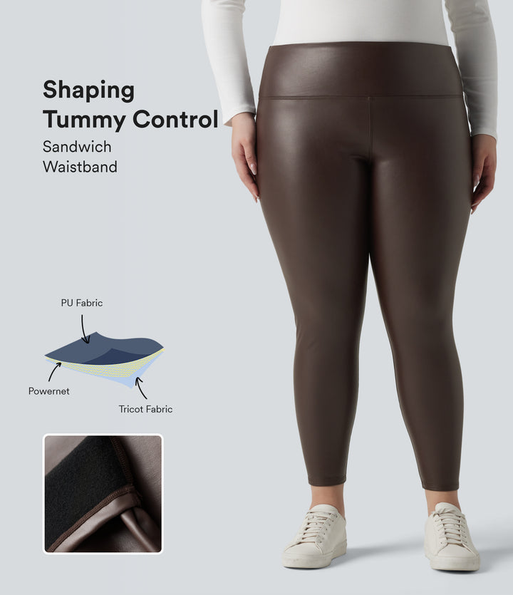 Plus Size High Waisted Tummy Control Stretchy PU Fleece 7/8 Skinny Casual Leggings with Pockets — Hot Fudge — view 1