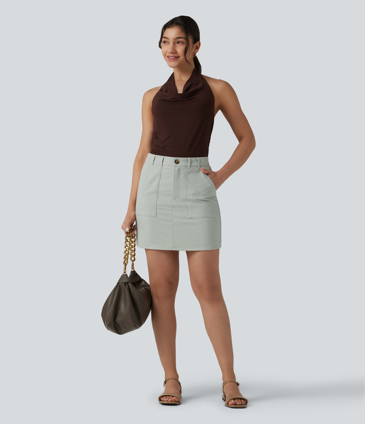 High Waisted Mini Work Linen-Blend Skirt with Pockets — Frosted Sage — view 6