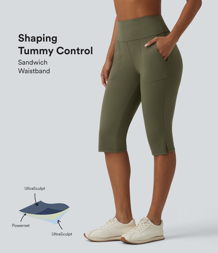 High Waisted Tummy Control Split Hem Pedal Pusher Slim Yoga Leggings with Pockets — Grass Grey Green — view 1