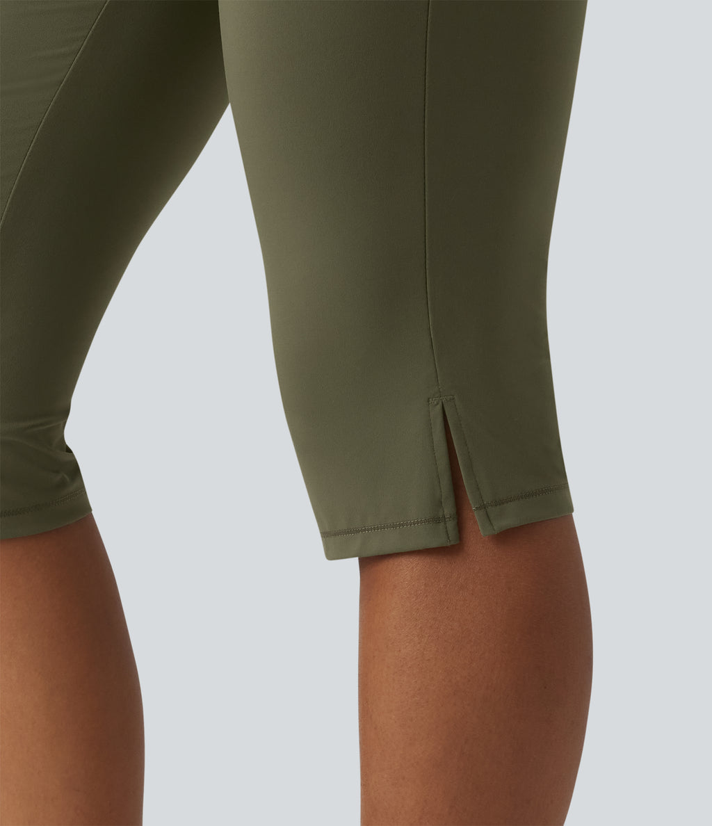 High Waisted Tummy Control Split Hem Pedal Pusher Slim Yoga Leggings with Pockets — Grass Grey Green — view 6