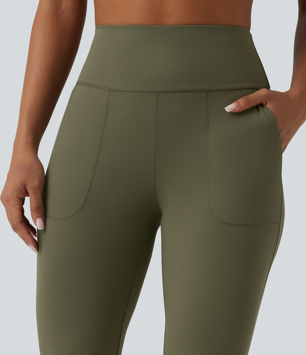 High Waisted Tummy Control Split Hem Pedal Pusher Slim Yoga Leggings with Pockets — Grass Grey Green — view 4