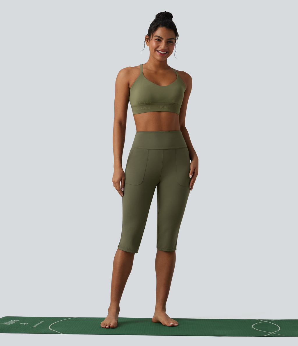 High Waisted Tummy Control Split Hem Pedal Pusher Slim Yoga Leggings with Pockets — Grass Grey Green — view 7