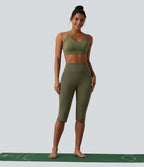 High Waisted Tummy Control Split Hem Pedal Pusher Slim Yoga Leggings with Pockets — Grass Grey Green — view 7