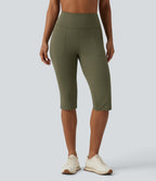High Waisted Tummy Control Split Hem Pedal Pusher Slim Yoga Leggings with Pockets — Grass Grey Green — view 3