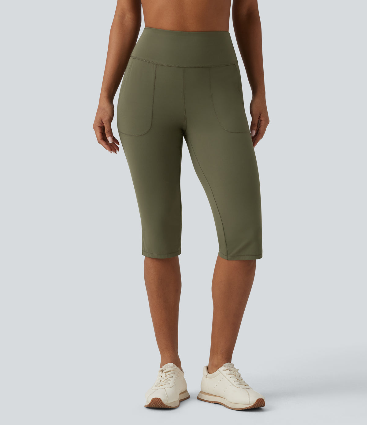 High Waisted Tummy Control Split Hem Pedal Pusher Slim Yoga Leggings with Pockets — Grass Grey Green — view 3