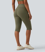 High Waisted Tummy Control Split Hem Pedal Pusher Slim Yoga Leggings with Pockets — Grass Grey Green — view 2