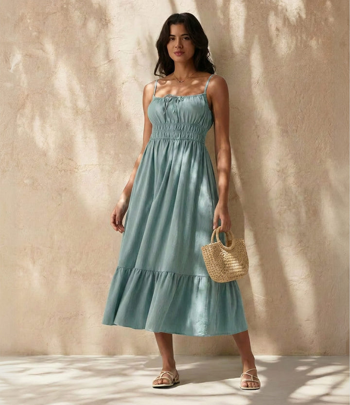 Tie Front Flowy Midi Casual Linen-Feel Slip Milkmaid Dress — Silverwood Sage — view 1