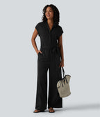 Short Sleeve Belted Stripe InstantCool Work Shirt Jumpsuit with Pockets-Edition — Black White Pinstripe — view 7