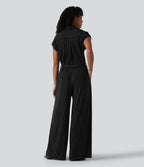 Short Sleeve Belted Stripe InstantCool Work Shirt Jumpsuit with Pockets-Edition — Black White Pinstripe — view 2