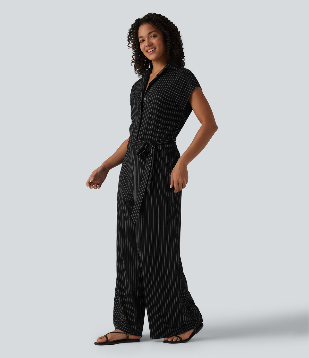 Short Sleeve Belted Stripe InstantCool Work Shirt Jumpsuit with Pockets-Edition — Black White Pinstripe — view 3