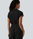 Short Sleeve Belted Stripe InstantCool Work Shirt Jumpsuit with Pockets-Edition — Black White Pinstripe — view 6