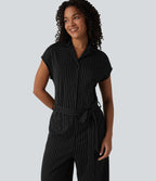 Short Sleeve Belted Stripe InstantCool Work Shirt Jumpsuit with Pockets-Edition — Black White Pinstripe — view 5